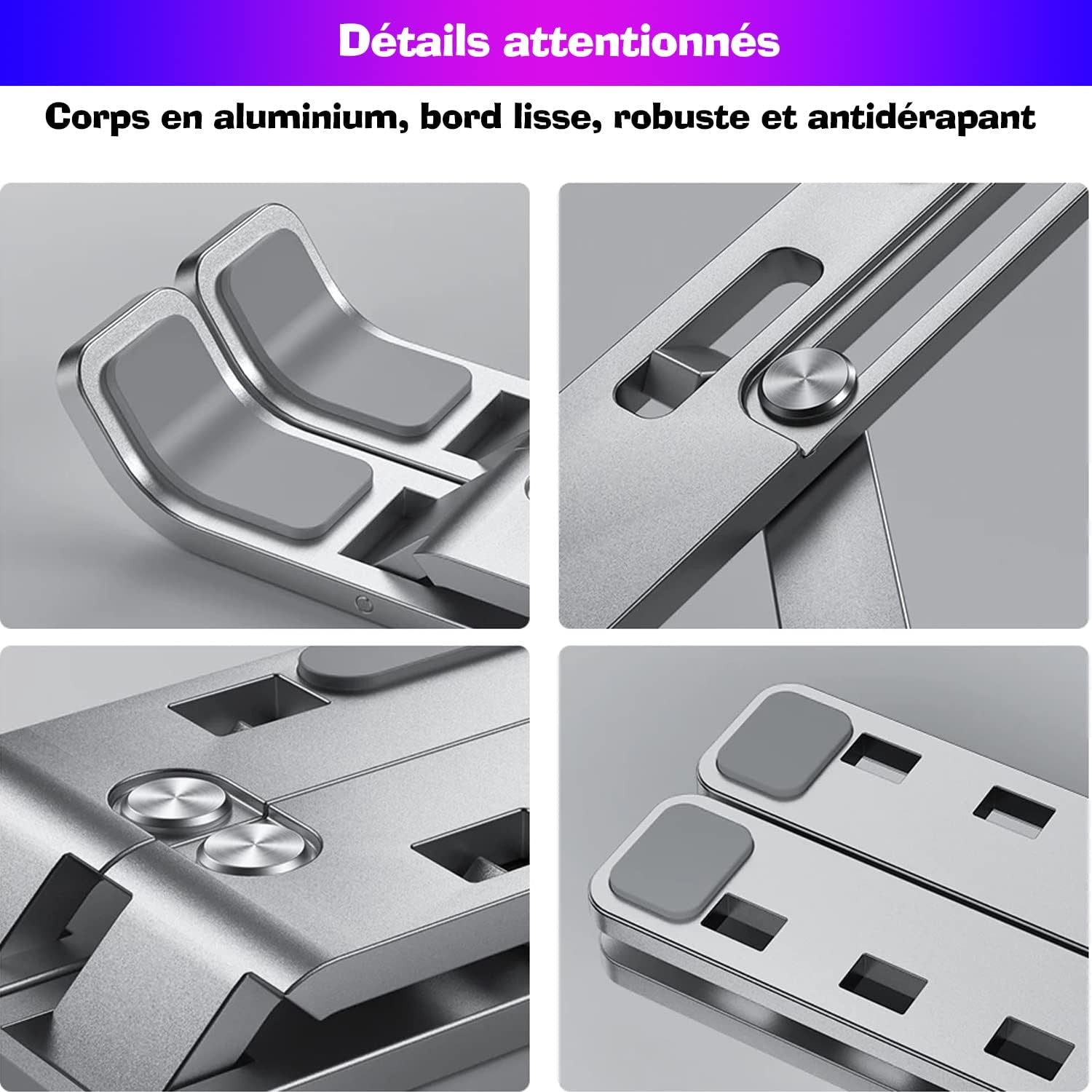 Support Portable Pliant pour Ordinateur Portable – 10″–17″ • Aluminium Argenté